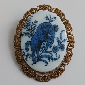 Vintage Blue Pocelain Zodiac Aries Brooch